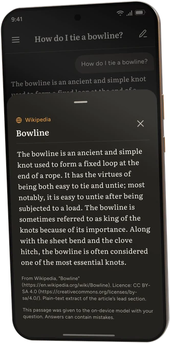 A Wikipedia passage about the bowline knot, opened from an answer, with its source and licence